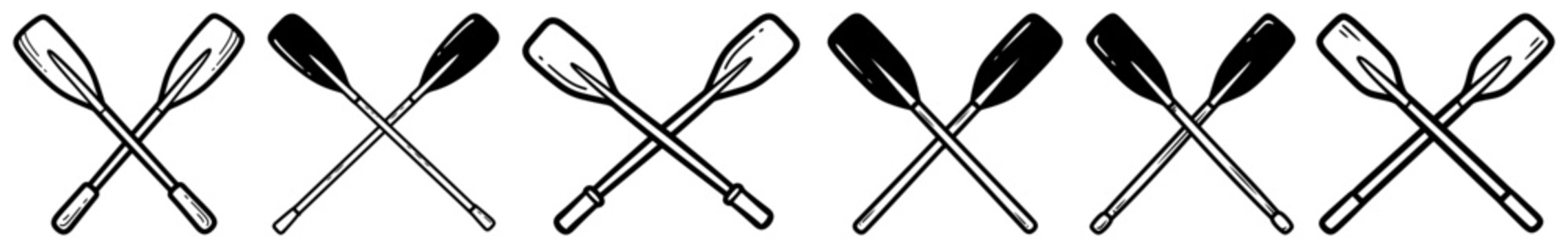 Crossed wooden oars pattern forming seamless horizontal border in hand drawn sketch style