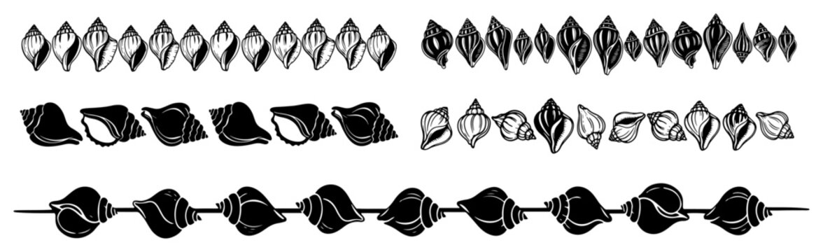 Seashell borders and conch shell garlands forming seamless horizontal patterns in hand drawn sketch style