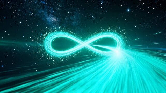 Glowing blue infinity symbol loop with particles floating in deep space background