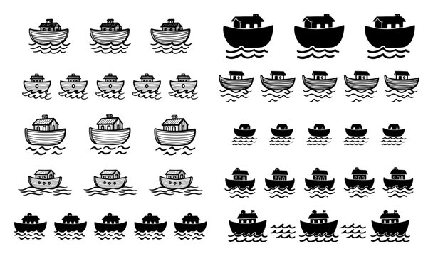Noah ark boat icons and small vessel silhouettes floating on waves in flat style