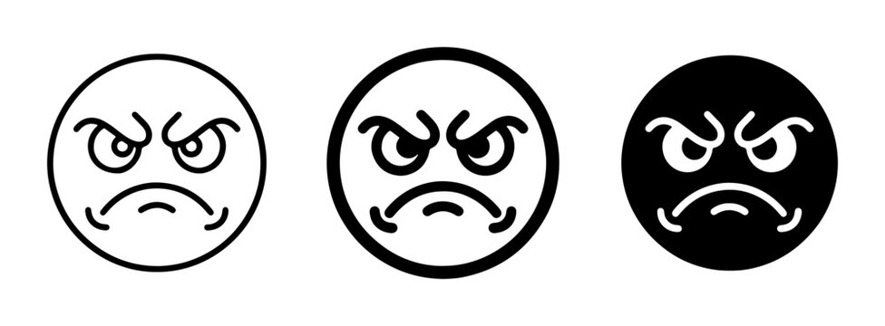Angry Face Icons, Frowning Emoticon Symbols, Grumpy Emoji Vector Set, Expressing Negative Emotions, Black and White Graphics