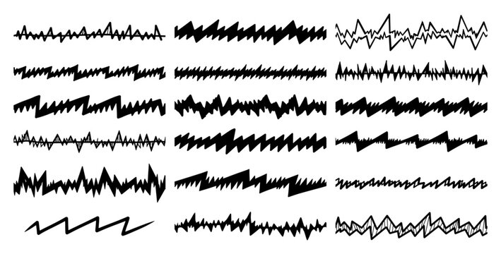 Jagged zigzag borders and erratic line divider patterns set black ink sketch style