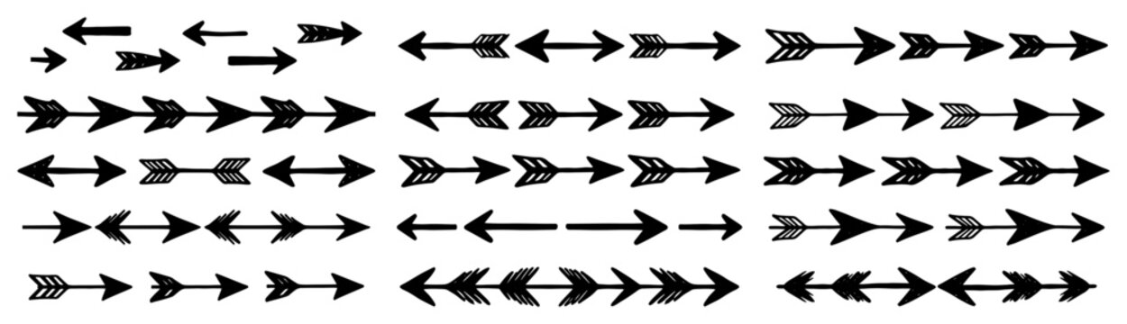 Tribal feathered arrows and decorative pointer lines in hand drawn doodle style