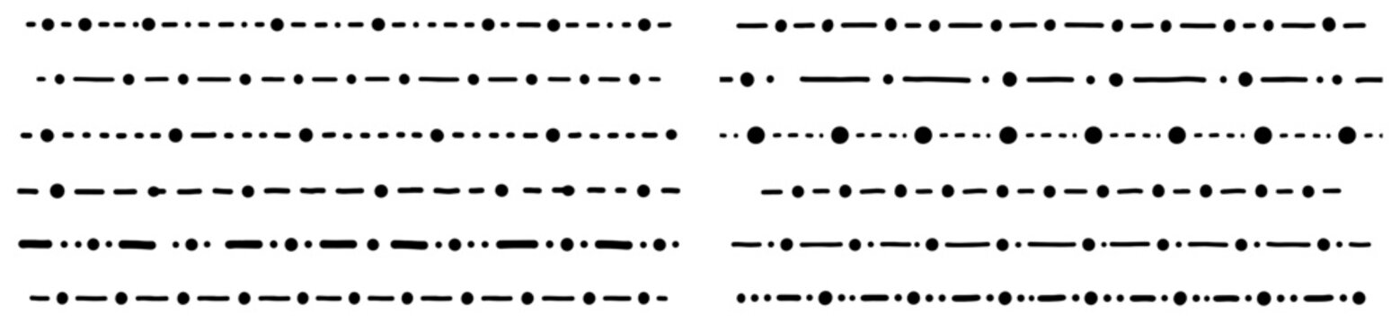 Dotted and dashed divider lines forming seamless horizontal borders in hand drawn sketch style