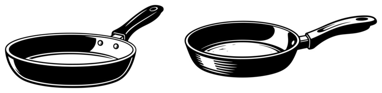 Frying pans and kitchen skillets for cooking in detailed hand drawn vintage engraving style
