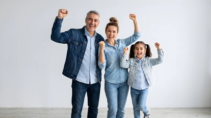 Obraz premium Happy Multigenerational Family Celebrating Success with Raised Fists, Smiling Joyfully in Casual Denim Outfits Against Clean White Background