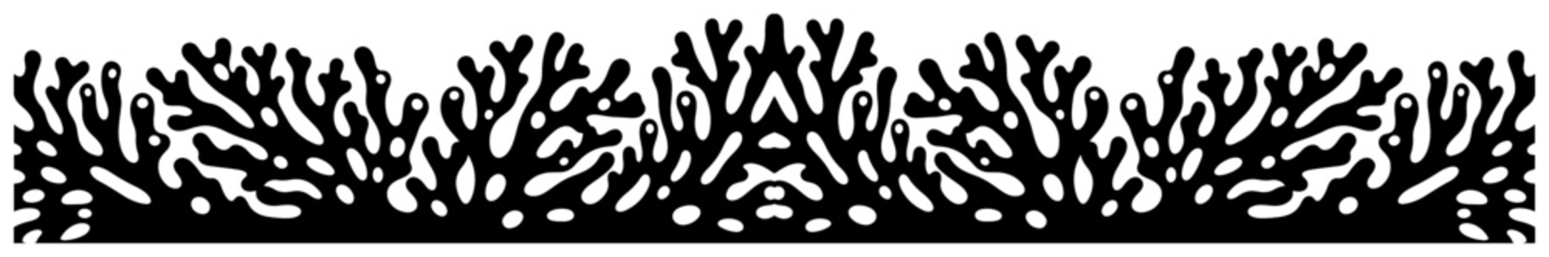 Seaweed coral reef border pattern and organic branch divider in black silhouette style
