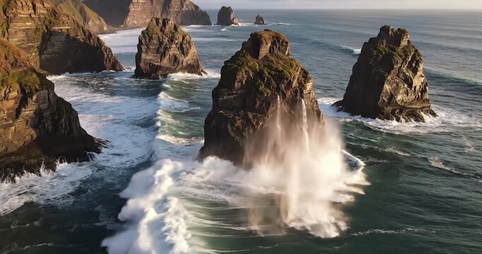 Ocean waves crashing against jagged sea stacks on a rocky coastline