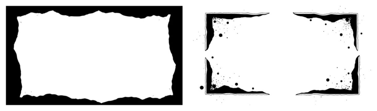 Grunge frame borders and distressed torn paper edges in hand drawn ink style