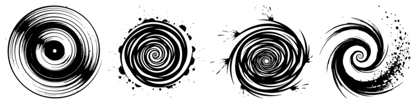 Swirl vortex shapes and spiral brush strokes with ink splatters in hand drawn style