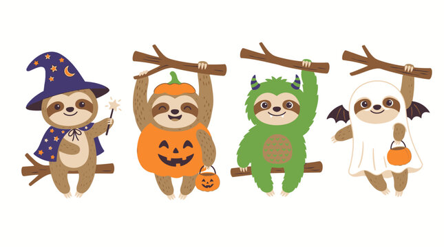 Sloths in Halloween costumes hanging.