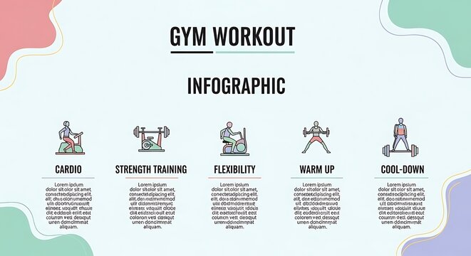 Gym workout infographic with exercise illustrations and tips.