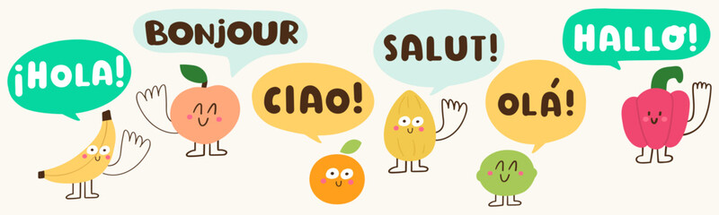 Cute food characters set with different languages greeting speech bubbles for kids education school posters © Igor
