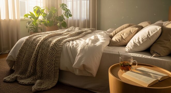 Cozy Sunlit Bedroom with Unmade Bed and Tea on Wooden Side Table
