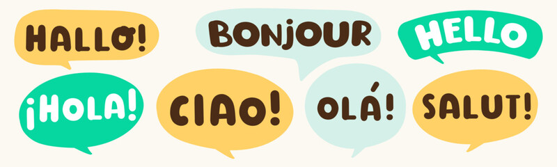 Cute speech bubbles set with different languages greeting phrases for kids school and translation concept © Igor