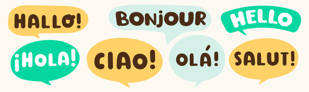 Cute speech bubbles set with different languages greeting phrases for kids school and translation concept