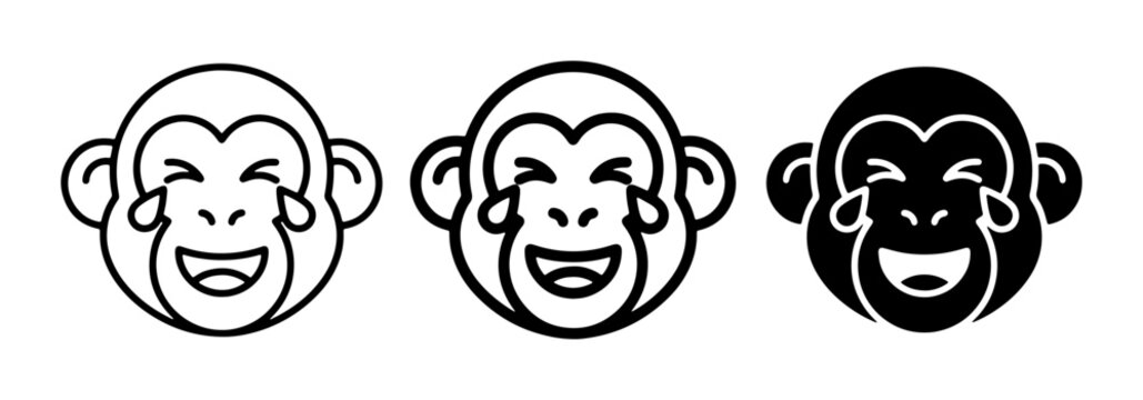 Laughing Monkey Faces Vector Icons, Joyful Primate Emoticons, Funny Animal Expressions, Set of Three Styles