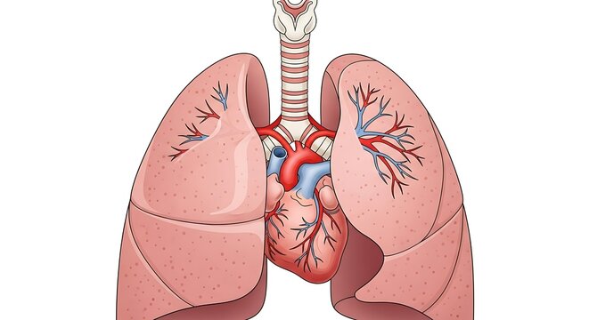 Human lungs with bronchial tubes and blood vessels illustration.