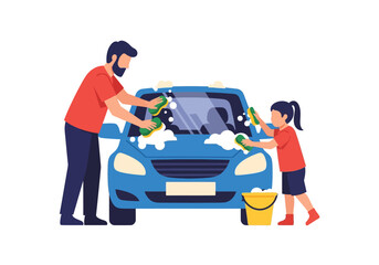 Fototapeta premium Father and Daughter Washing Car Together Outdoor