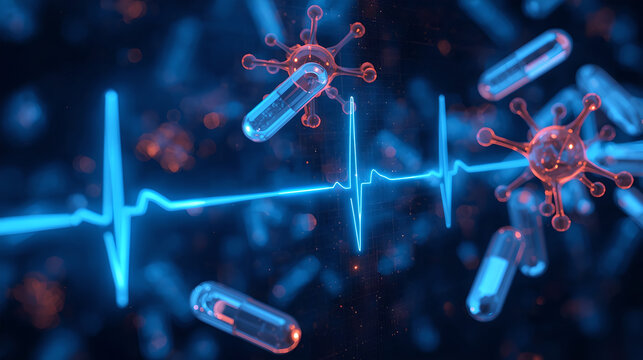 Neon blue heartbeat ecg line with glowing virus cells and pharmaceutical capsule pills on dark background
