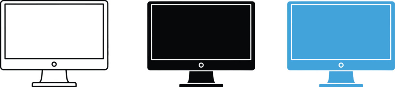 Minimalist computer monitor icons in outline black and blue styles