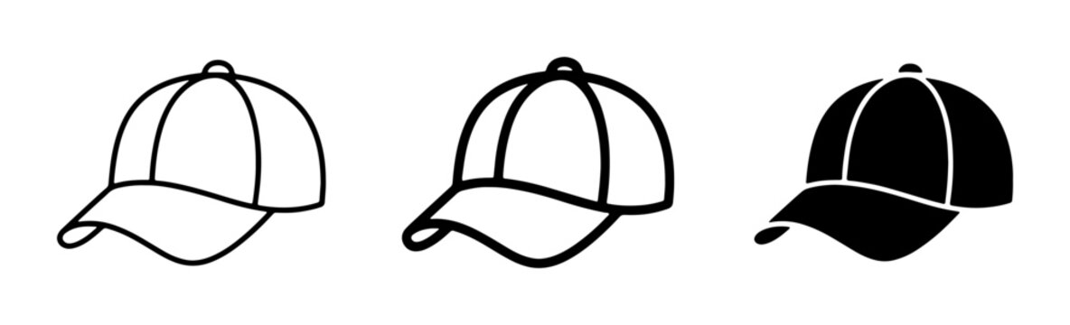 Baseball Cap Icons, Simple Line Art and Silhouette Vector Graphics for Headwear Design and Fashion Concepts