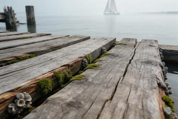 Fototapeta premium Close-up of weathered wooden pier with moss and barnacles by calm sea with sailboat in the background