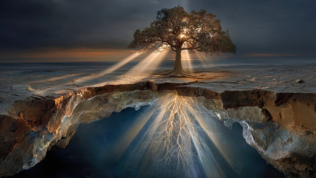 Ancient tree dramatic landscape root system glowing light sunset sky cracked earth floating ground solitary tree ocean horizon surreal scene