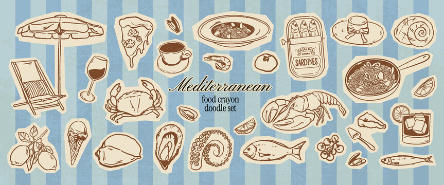 Mediterranean crayon drawn food doodle set with seafood, pasta, wine and beach elements. Italian brunch clipart for menus, picnic, dinner, summer brunch branding in hand drawn whimsical sketch style.