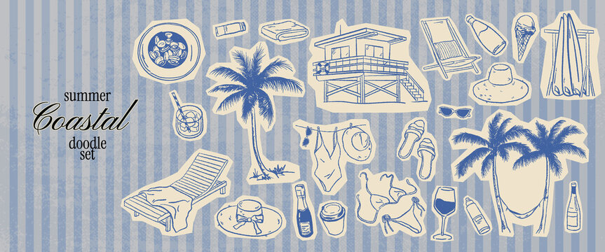 Coastal crayon summer doodle set with palms, swimwear, drinks and beach icons. Whimsical scrapbook illustrations for vacation branding and resort stationery in hand drawn pencil sketch style.