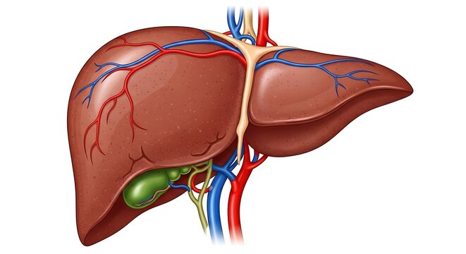 3D rendered liver with gallbladder and blood vessels.