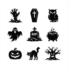 Obraz premium Halloween icons set with pumpkin, ghost, bat, witch hat, cat, spider, skull, and other spooky holiday elements in a cartoon vector style