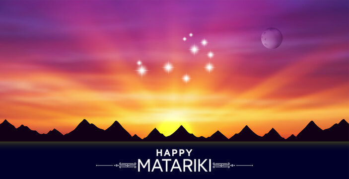 Vector festive wide poster. New Zealand New Year. Radiant stars, pleiades. Shine sunrise or sunset. Happy Matariki. Holiday flyer. Aotearoa. Sky, moon and mountains. Festival banner