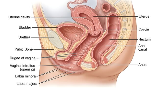 Female Pelvic Anatomy (Sagittal Section): Relationship of Uterine Cavity, Bladder, Urethra, Pubic Bone, Vagina, Rectum, Anal Canal, Anus, Labia Minora and Labia Majora in the Anterior&ndash;Posterior Plane
