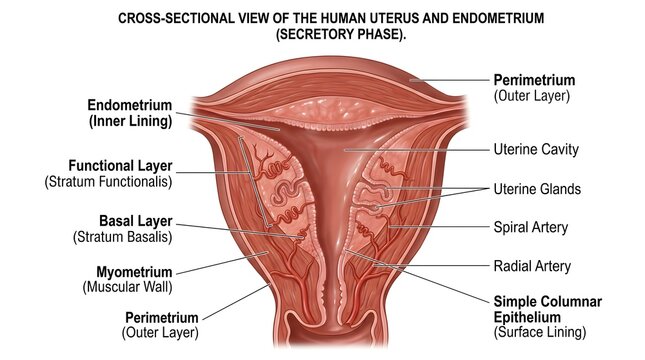 Cross‑Sectional View of the Human Uterus and Endometrium (Secretory Phase): Functional and Basal Layers, Simple Columnar Epithelium, Uterine Glands, Spiral and Radial Arteries, Myometrium and Perimetr