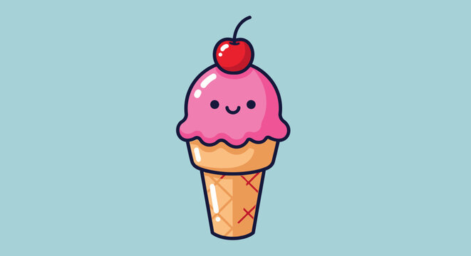 Cartoon Ice Cream Cone with Cherry.