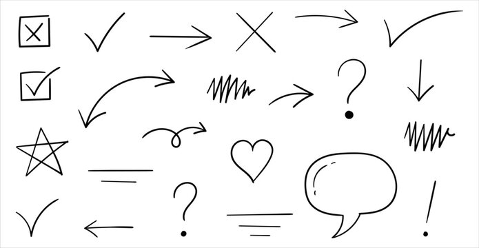 Collection of hand drawn doodle elements including arrows, check marks, crosses, question marks, stars, hearts, and speech bubbles, isolated on white background.