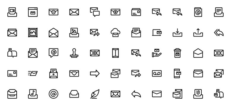 Email icon set. Minimal line vector icons pack. Email_2927 icon collection. Featuring inbox, email, book, stamp, reply all, postbox, voice recorder, next, arroba, quill, reply, mailbox and more. Edita
