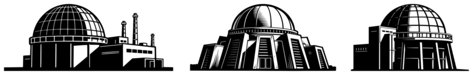 Nuclear power plant buildings with large domes and factory chimneys in industrial architectural style © Logan