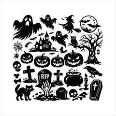 Fototapeta premium Halloween Icons Set with Pumpkin Ghost Bat Witch and Spooky Elements Illustration