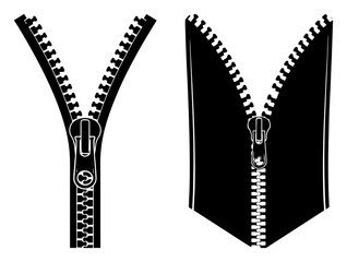Metal zippers and garment fasteners showing open and closed positions in a minimalist style © Logan