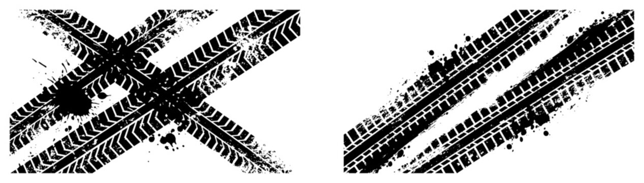 Dirty tire tracks with mud splatters in grunge automotive style