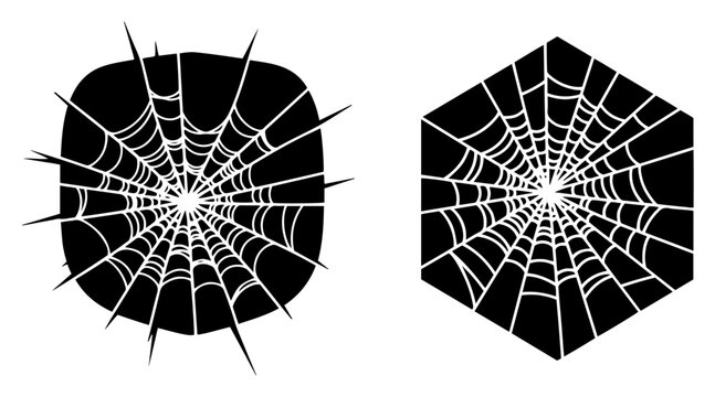 Spider web silhouettes in circular and hexagonal geometric shapes