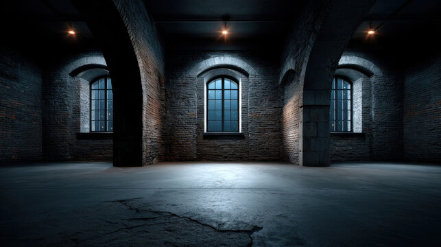 Ancient stone fortress interior with arched window and dark moody light in empty hall