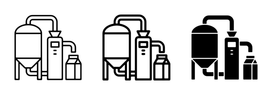 Industrial Food Processing Plant Icons, Beverage Production Equipment, Dairy Factory Machinery, Liquid Packaging Line