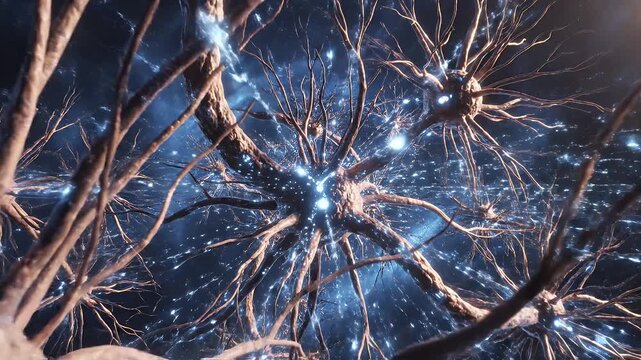 This captivating video showcases a detailed view of glowing neurons with blue synapses against a dark blue background.