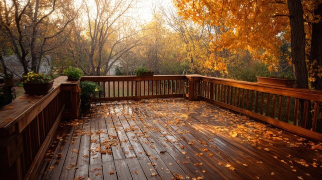 Wooden deck covered with fallen autumn leaves. Backyard patio view during fall season. Residential outdoor living space with trees and golden foliage. Peaceful home environment concept.