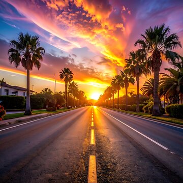 A serene road lined with palm trees under a vibrant sunset