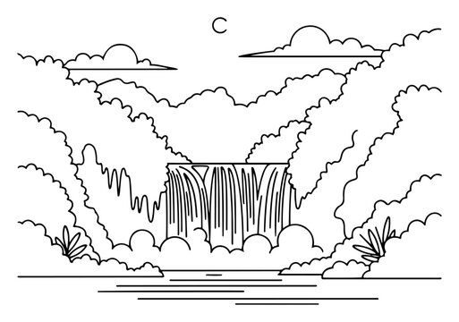 Tropical jungle waterfall with thick forest and clouds in clean line art style