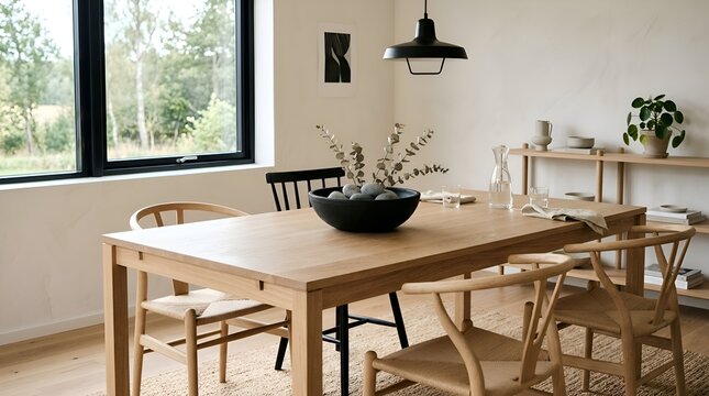 Modern dining room with wooden table and chairs, minimalist design